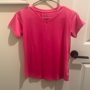 Youth XL, but Women’s XS pink V-neck athletic shirt